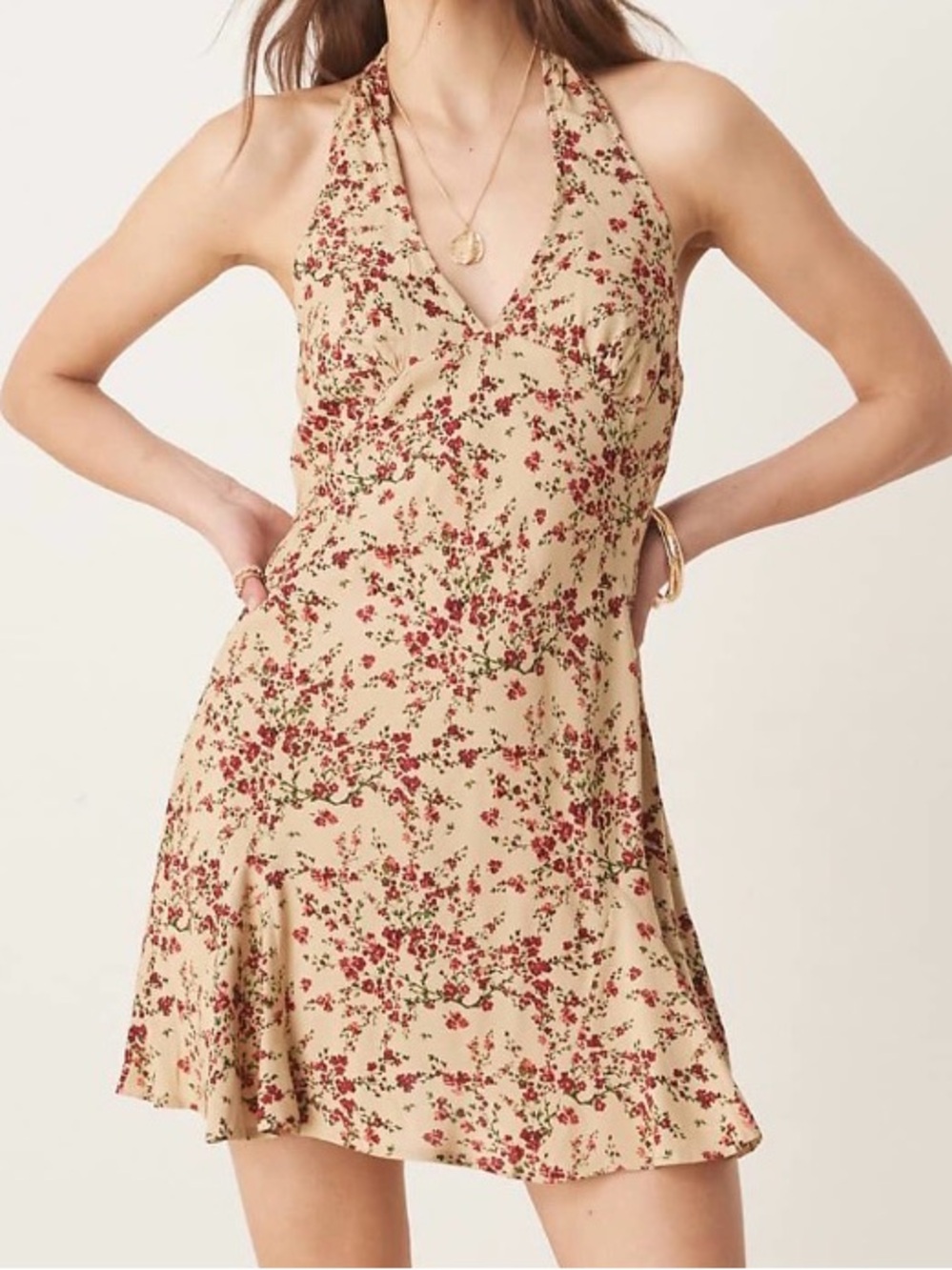 Floral Halter Mini Dress in Beige with Red Ditsy Floral